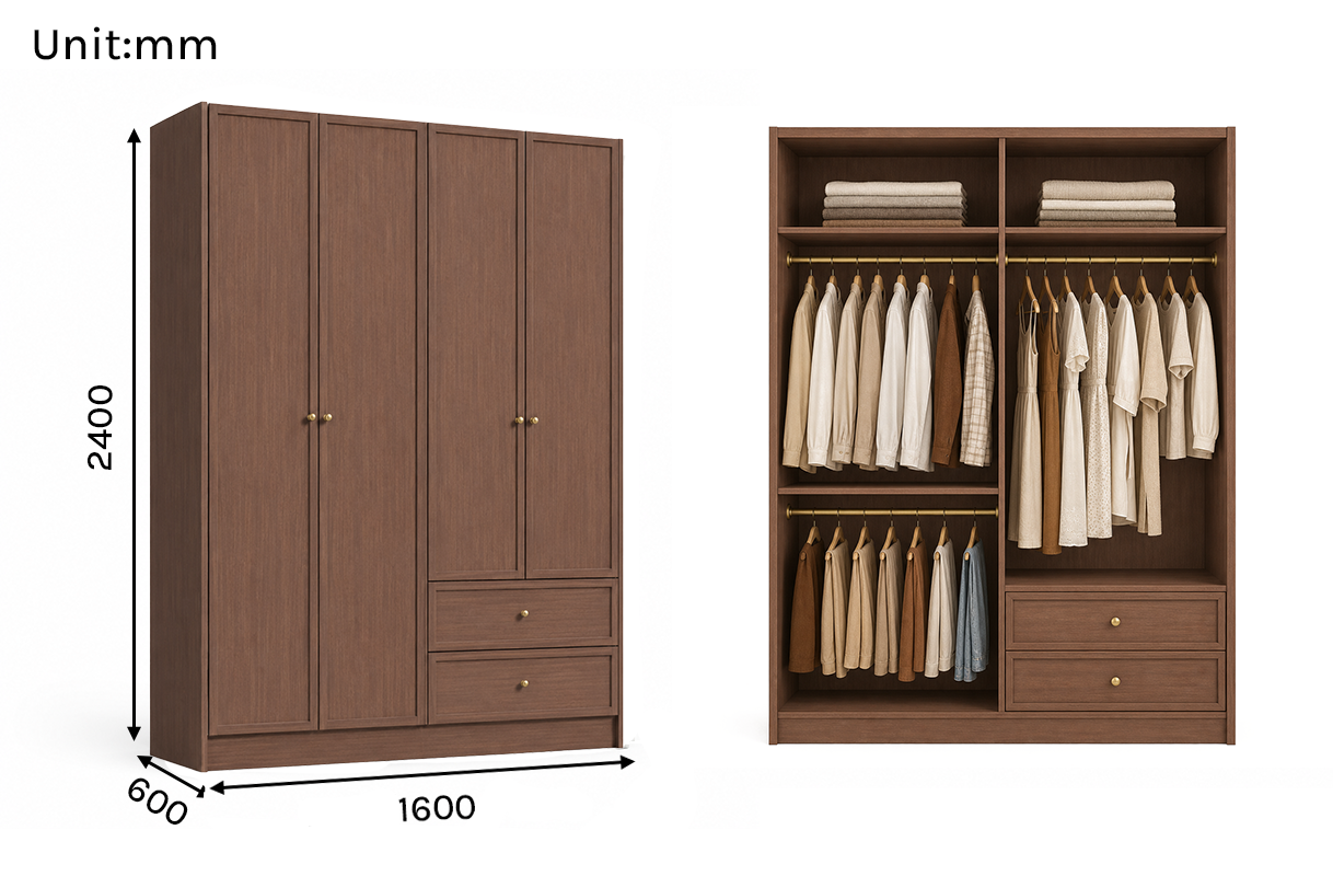 Linea Series - 1600mm Master Bedroom Framed Wardrobe - Extra-Tall Four-Door Closet with Drawers
