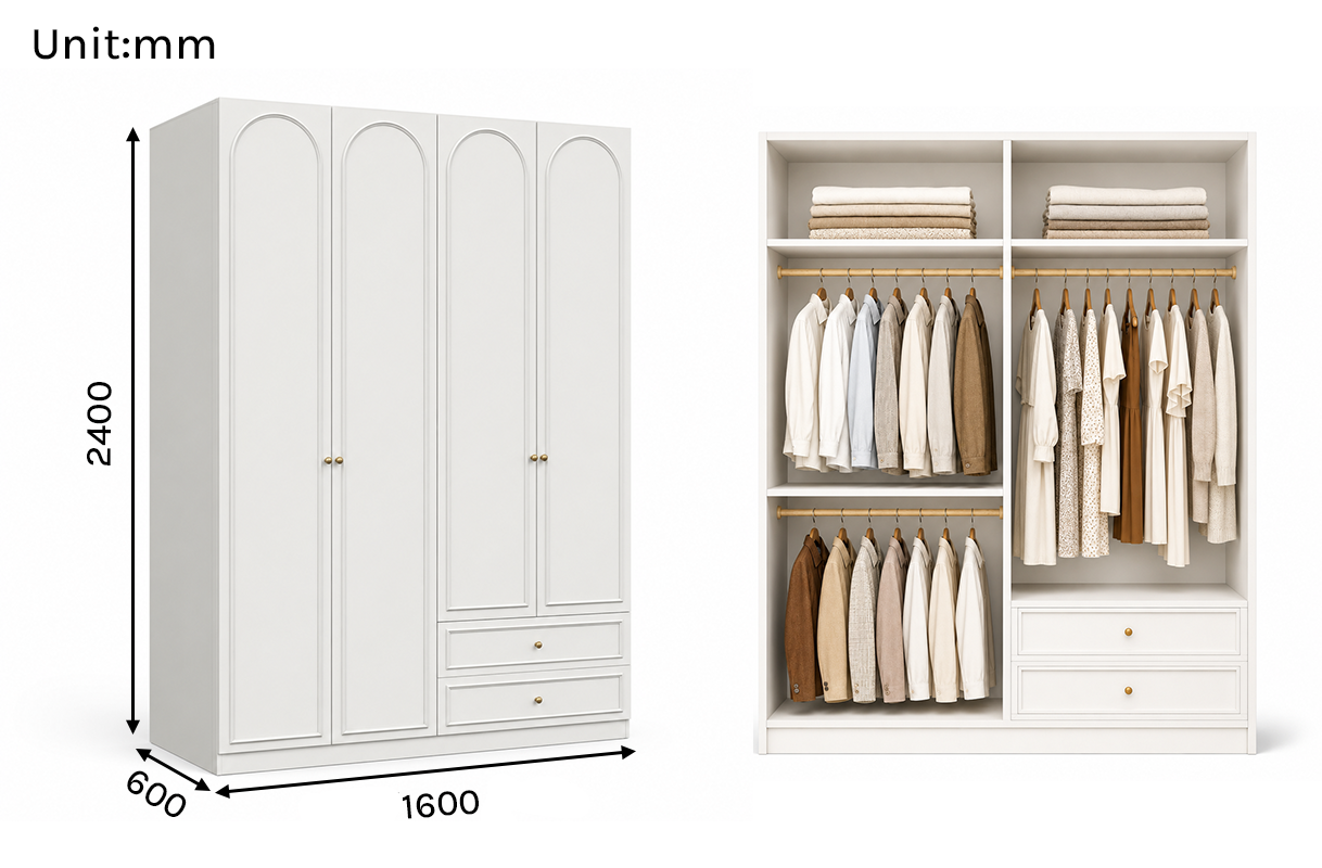 Arcadia Series - 1600mm Master Bedroom Arched Wardrobe - Extra-Tall Four-Door Closet with Drawers