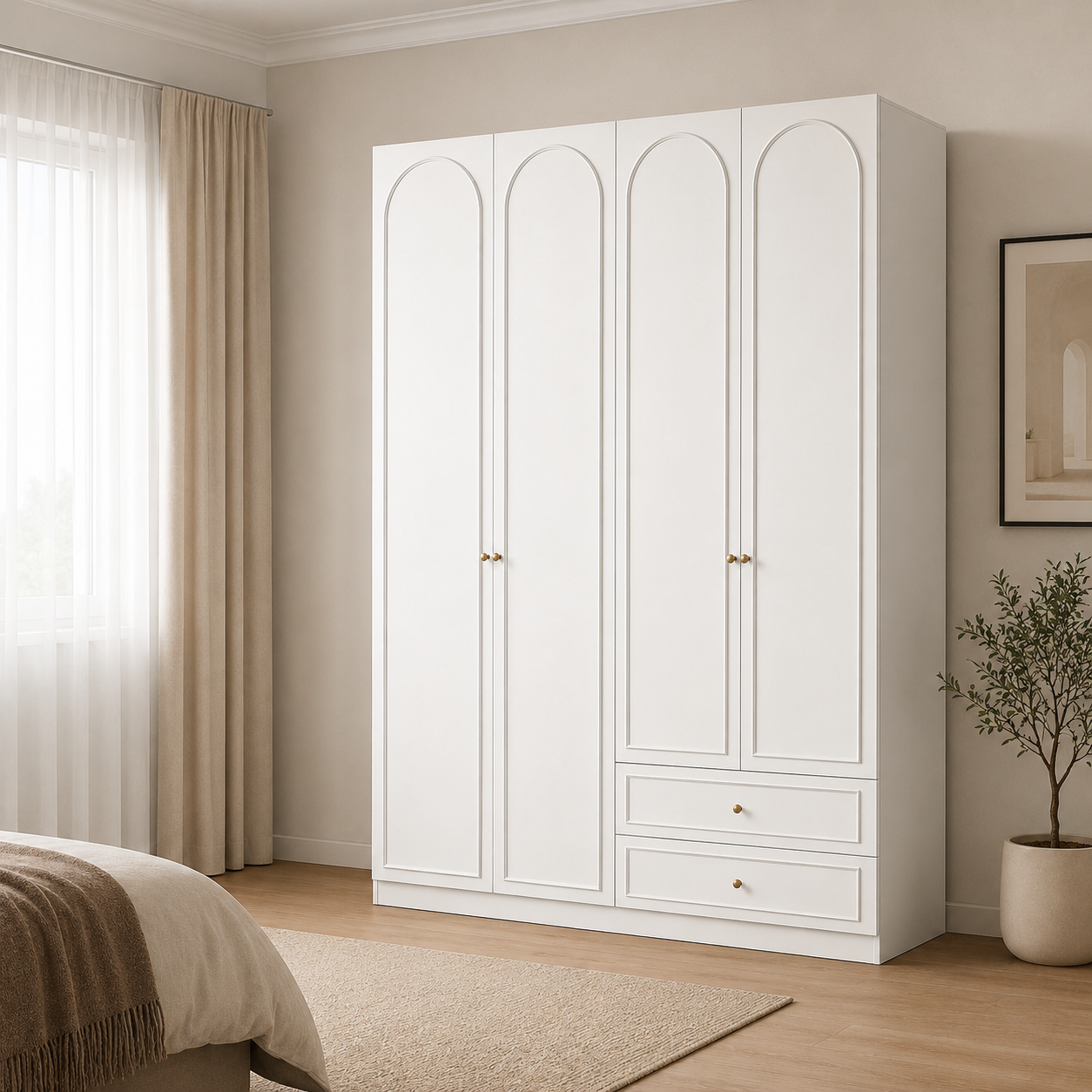 Arcadia Series - 1600mm Master Bedroom Arched Wardrobe - Extra-Tall Four-Door Closet with Drawers