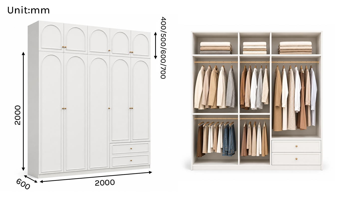 Alto Series - 2000mm Grand Arched Wardrobe - Five-Door Closet with Overhead Storage and Drawers
