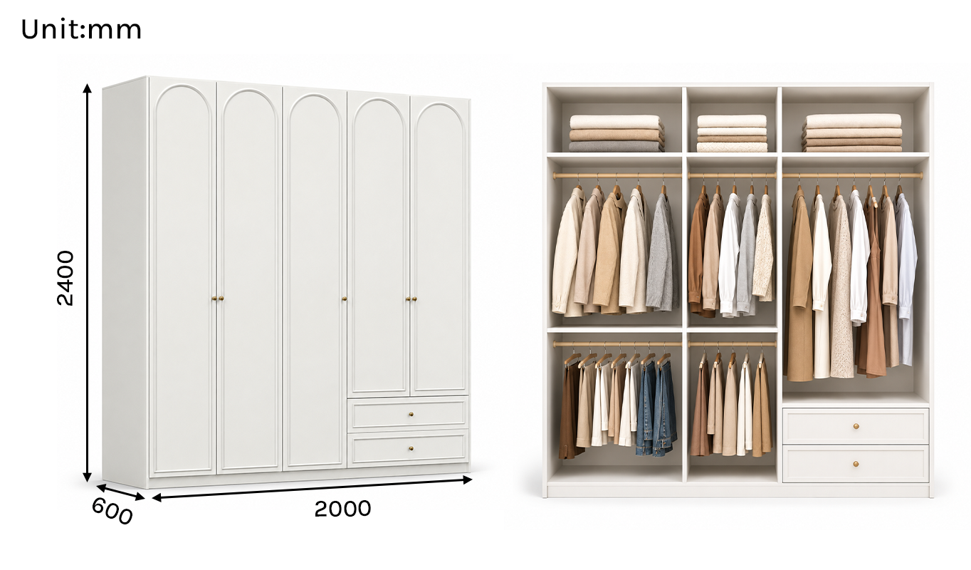 Arcadia Series - 2000mm Grand Arched Wardrobe - Extra-Tall Five-Door Closet with Drawers