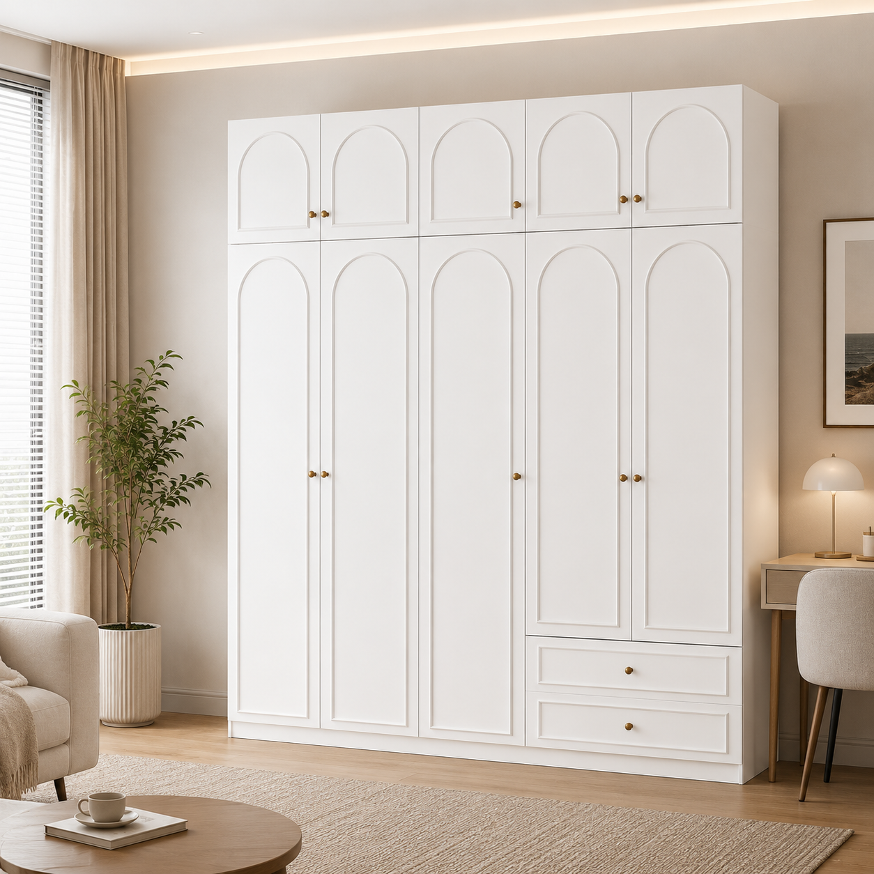 Alto Series - 2000mm Grand Arched Wardrobe - Five-Door Closet with Overhead Storage and Drawers