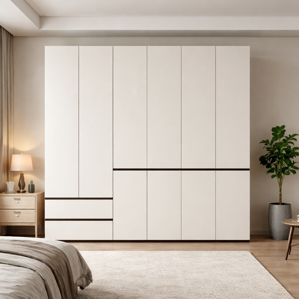 2.4m Full-Wall Wardrobe - Modern Handleless Geometric White Closet System