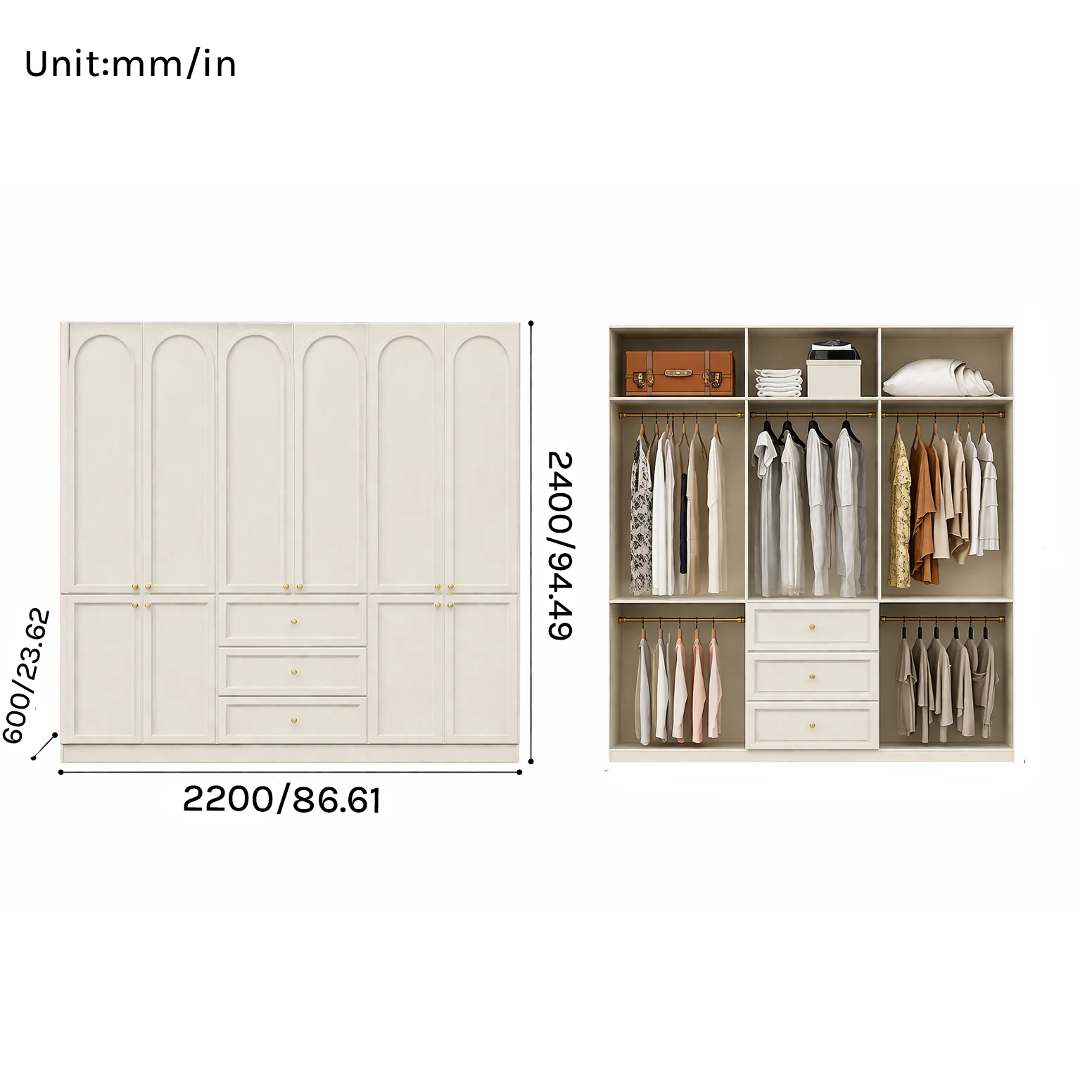 Lune Series - 2200mm Bedroom Wardrobe - Grand French Cream Style 2200mm Wall-to-Wall Closet