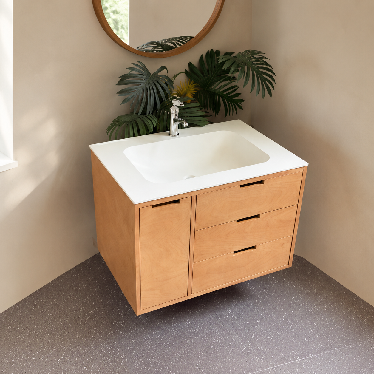 Modern Natural Wood Style Handleless Bathroom Vanity Cabinet