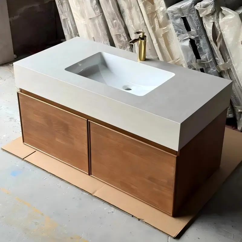Light Walnut French Wood Grain Bathroom Vanity with Seamless Ceramic Basin for Modern Bathrooms