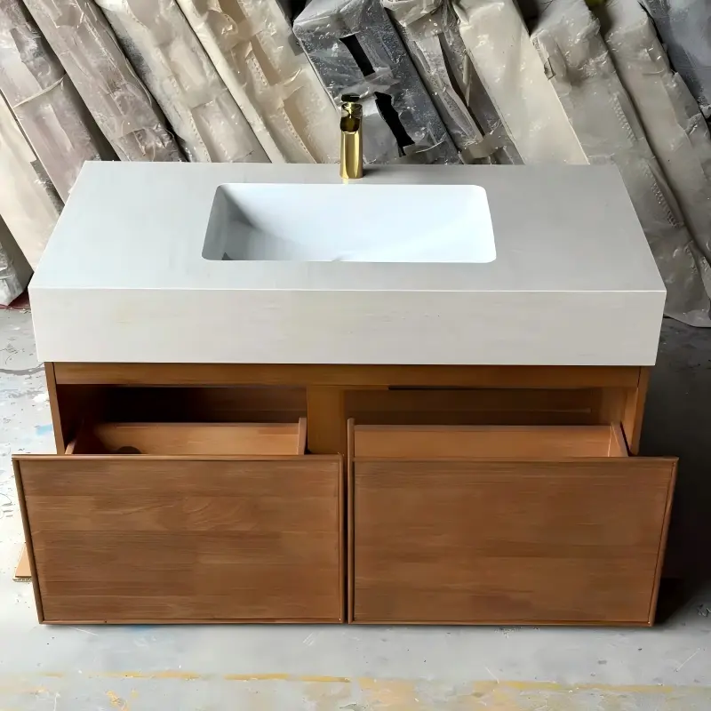 Light Walnut French Wood Grain Bathroom Vanity with Seamless Ceramic Basin for Modern Bathrooms