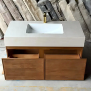Light Walnut French Wood Grain Bathroom Vanity with Seamless Ceramic Basin for Modern Bathrooms