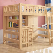 Solid Wood Loft Bed with Desk & Wardrobe for Compact Spaces