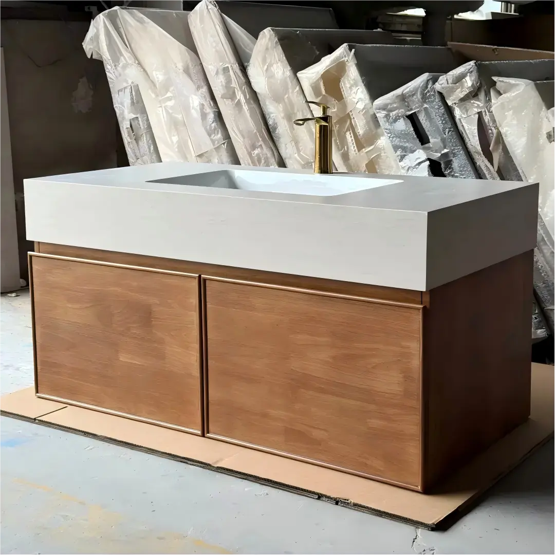 Light Walnut French Wood Grain Bathroom Vanity with Seamless Ceramic Basin for Modern Bathrooms