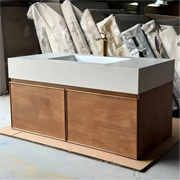Light Walnut French Wood Grain Bathroom Vanity with Seamless Ceramic Basin for Modern Bathrooms