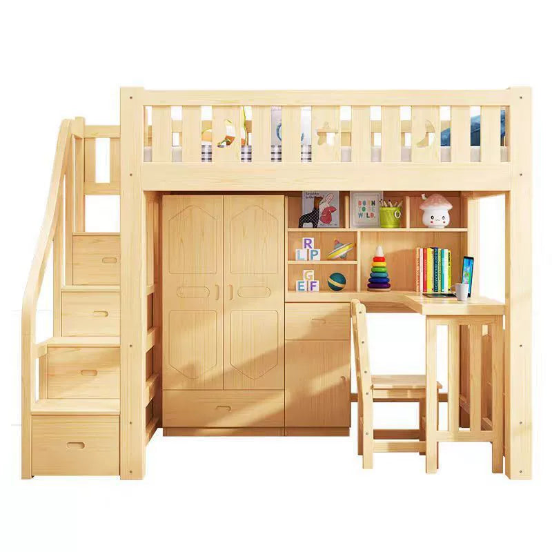 Solid Wood Loft Bed with Desk & Wardrobe for Compact Spaces