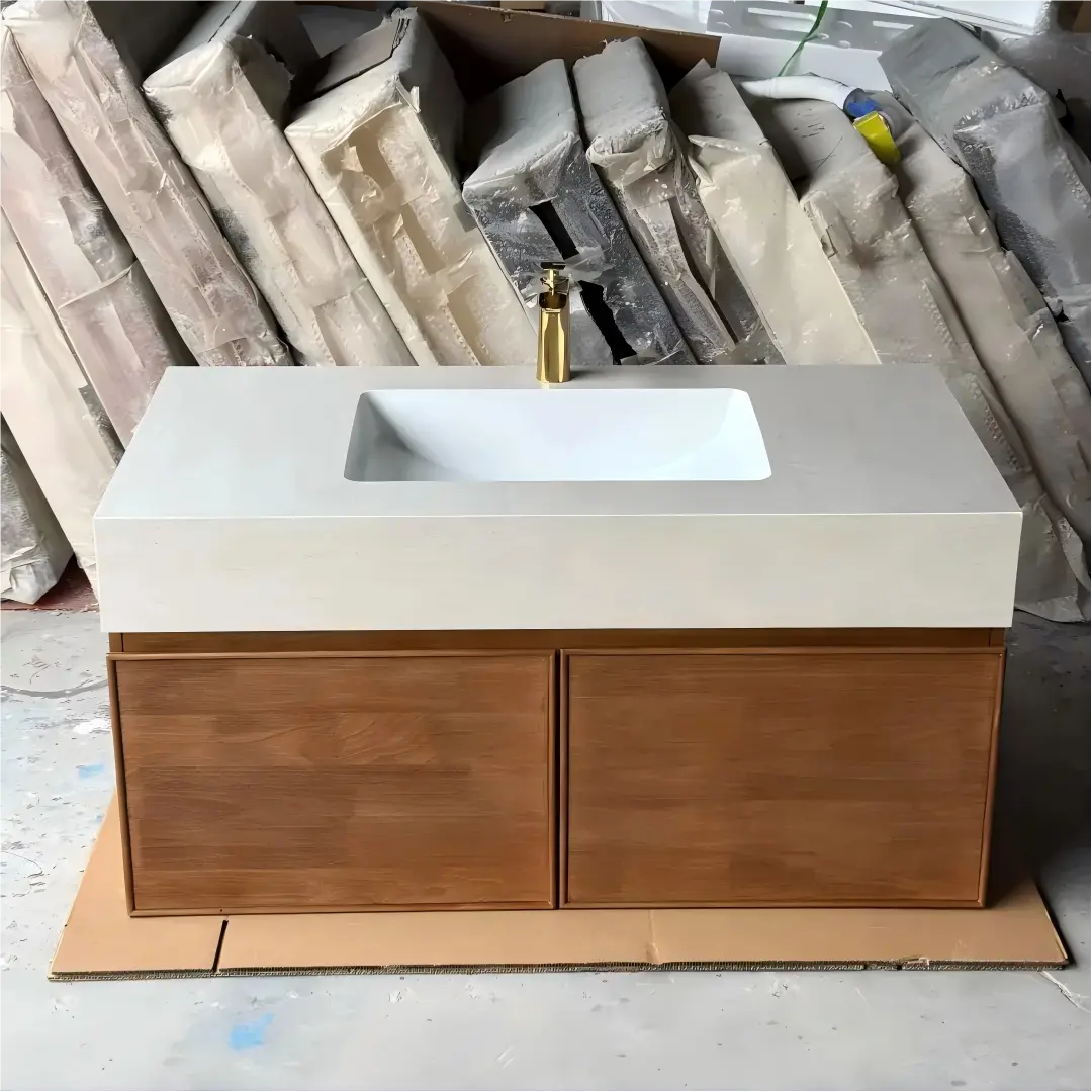 Light Walnut French Wood Grain Bathroom Vanity with Seamless Ceramic Basin for Modern Bathrooms