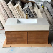 Light Walnut French Wood Grain Bathroom Vanity with Seamless Ceramic Basin for Modern Bathrooms