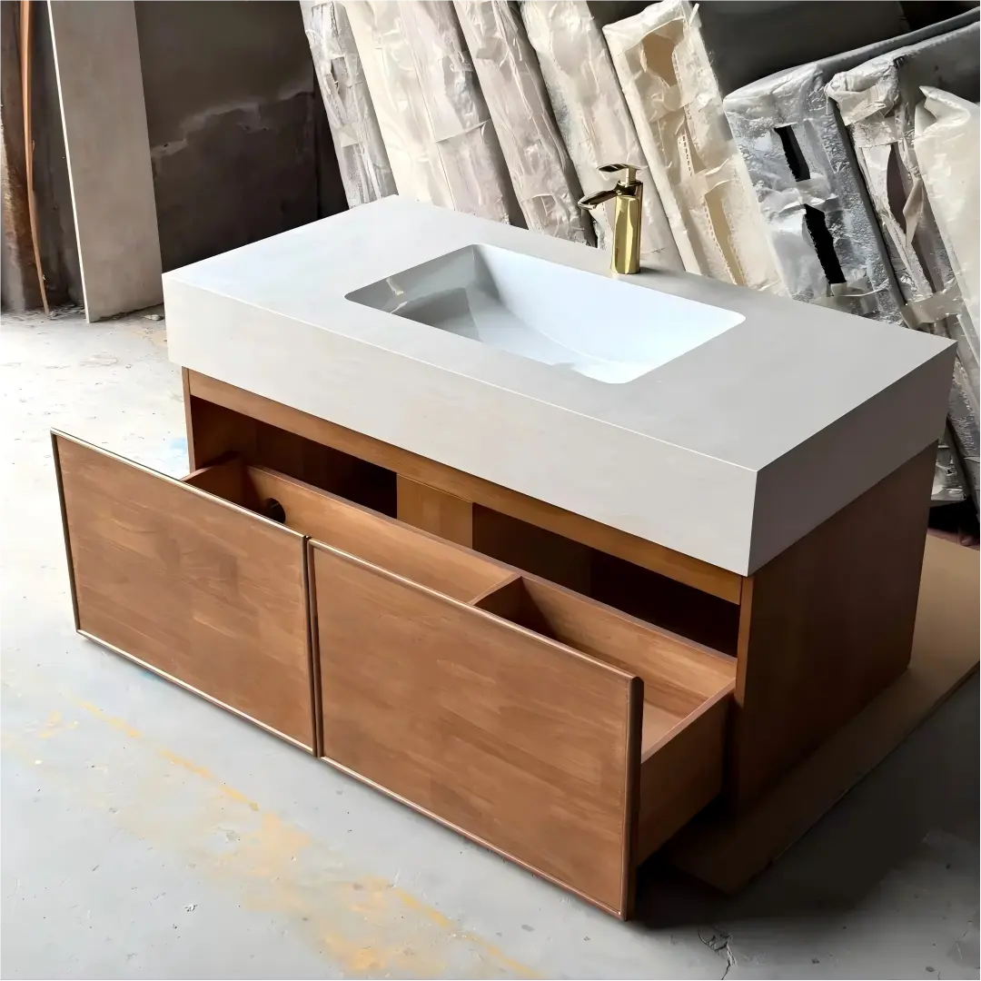 Light Walnut French Wood Grain Bathroom Vanity with Seamless Ceramic Basin for Modern Bathrooms