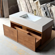 Light Walnut French Wood Grain Bathroom Vanity with Seamless Ceramic Basin for Modern Bathrooms
