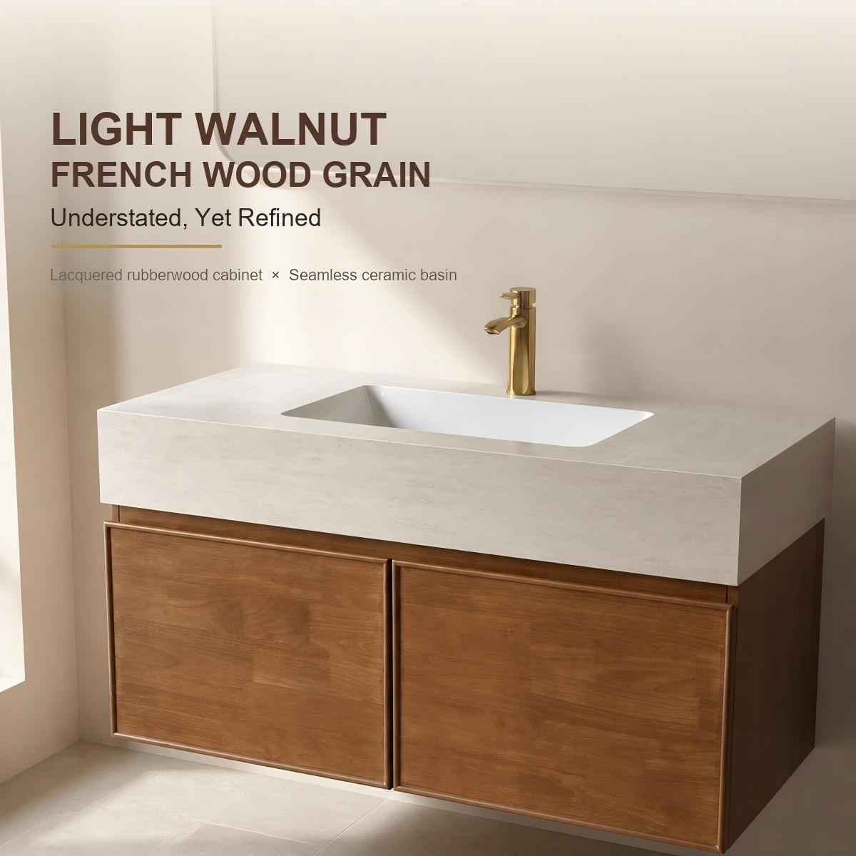 Light Walnut French Wood Grain Bathroom Vanity with Seamless Ceramic Basin for Modern Bathrooms