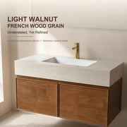 Light Walnut French Wood Grain Bathroom Vanity with Seamless Ceramic Basin for Modern Bathrooms