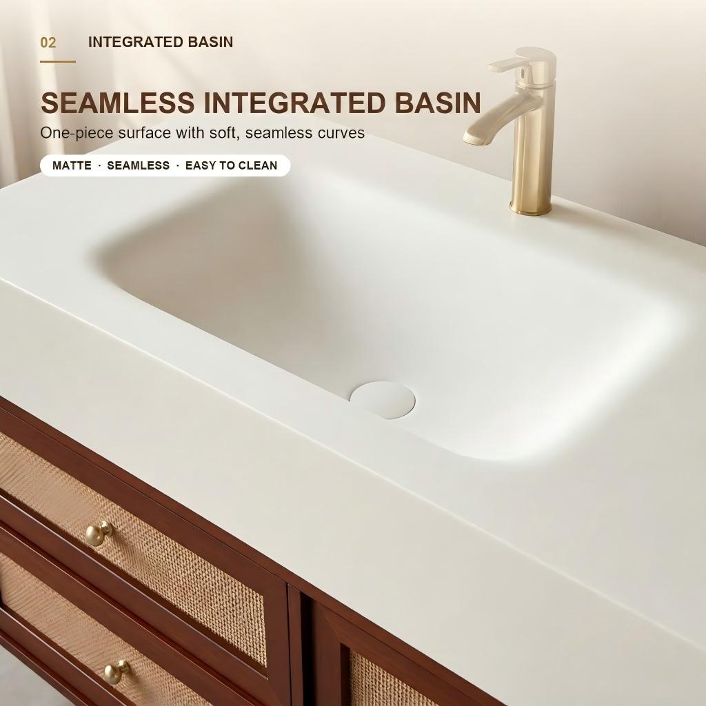 Mid-Century Four Drawer Bathroom Vanity with Seamless Basin | For Modern Bathrooms