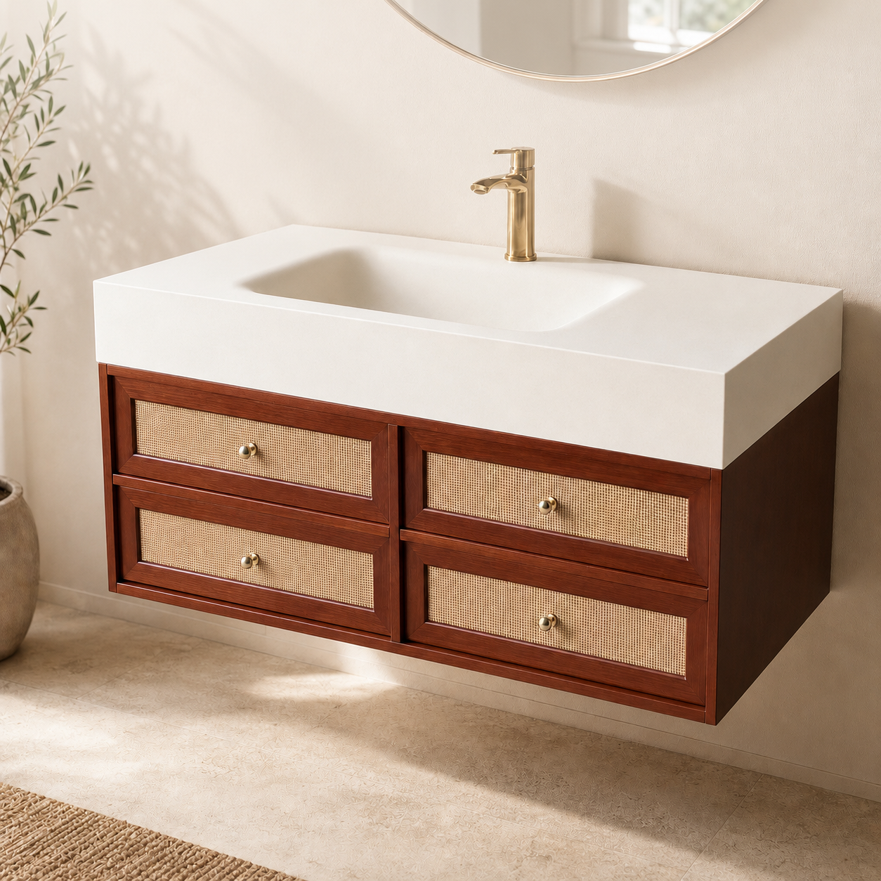 Mid-Century Four Drawer Bathroom Vanity with Seamless Basin | For Modern Bathrooms