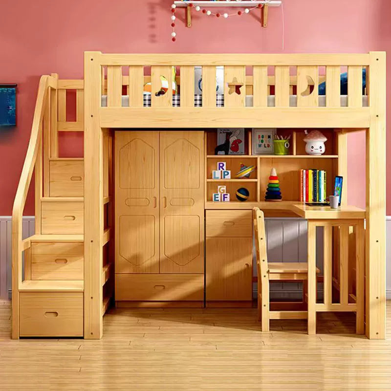 Solid Wood Loft Bed with Desk & Wardrobe for Compact Spaces