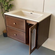 Mid-Century Modern Walnut Finish Floating Bathroom Vanity Cabinet