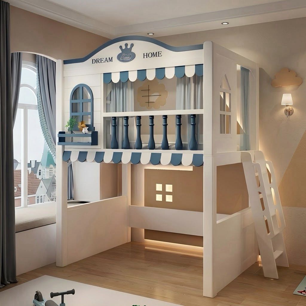 Premium Loft Bed with Ladder & Storage Wardrobe | Space-Saving Functional Bed Combo