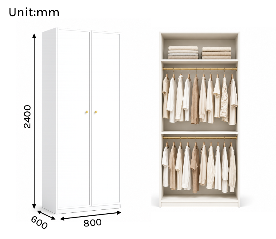 Linea Series - 800mm Compact Framed Wardrobe - Extra-Tall Minimalist Two-Door Closet