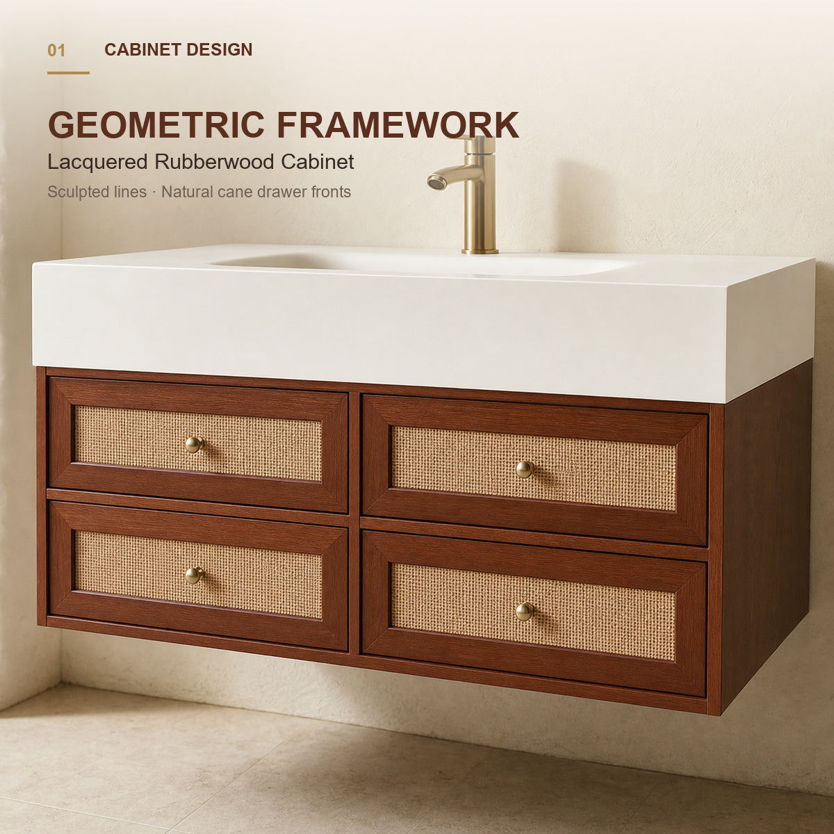 Mid-Century Four Drawer Bathroom Vanity with Seamless Basin | For Modern Bathrooms