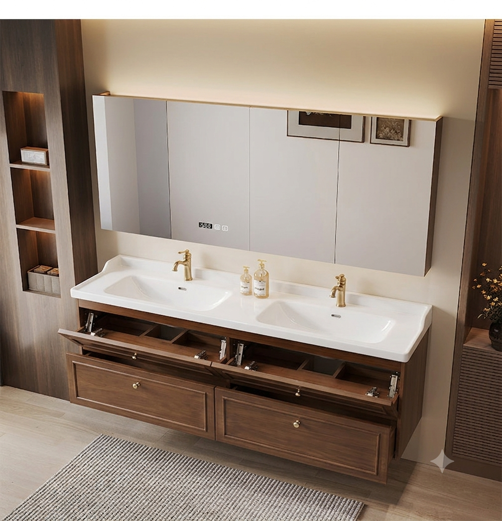 Mid-Century Walnut Vanity with Ceramic Dual Sinks