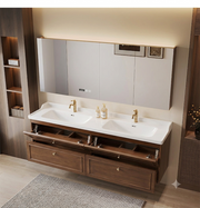 Mid-Century Walnut Vanity with Ceramic Dual Sinks