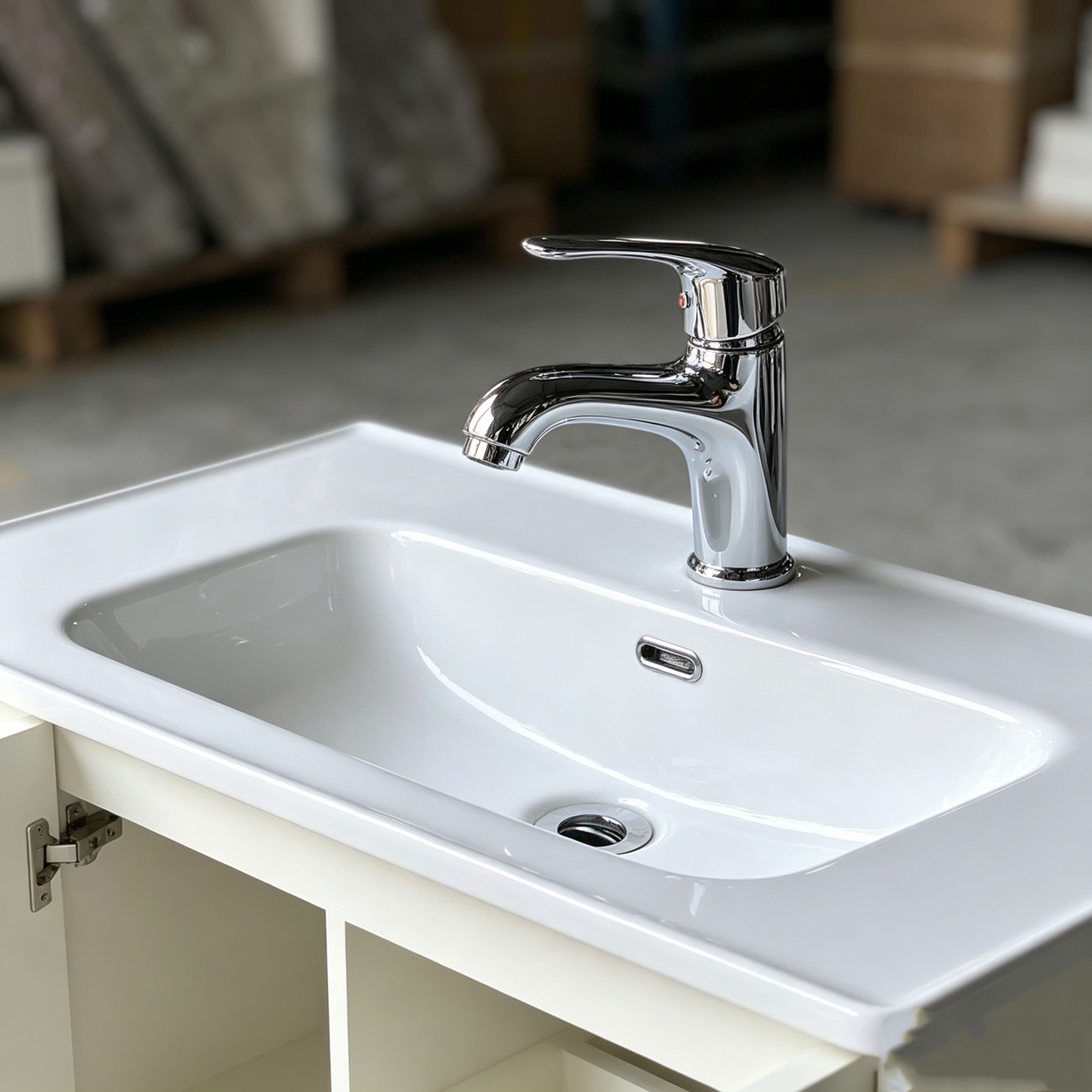 Modern Floating White Bathroom Vanity with Colourful Heart-Shaped Handles & Integrated Ceramic Basin for Bathrooms