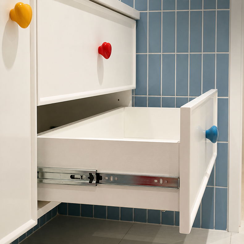 Modern Floating White Bathroom Vanity with Colourful Heart-Shaped Handles & Integrated Ceramic Basin for Bathrooms