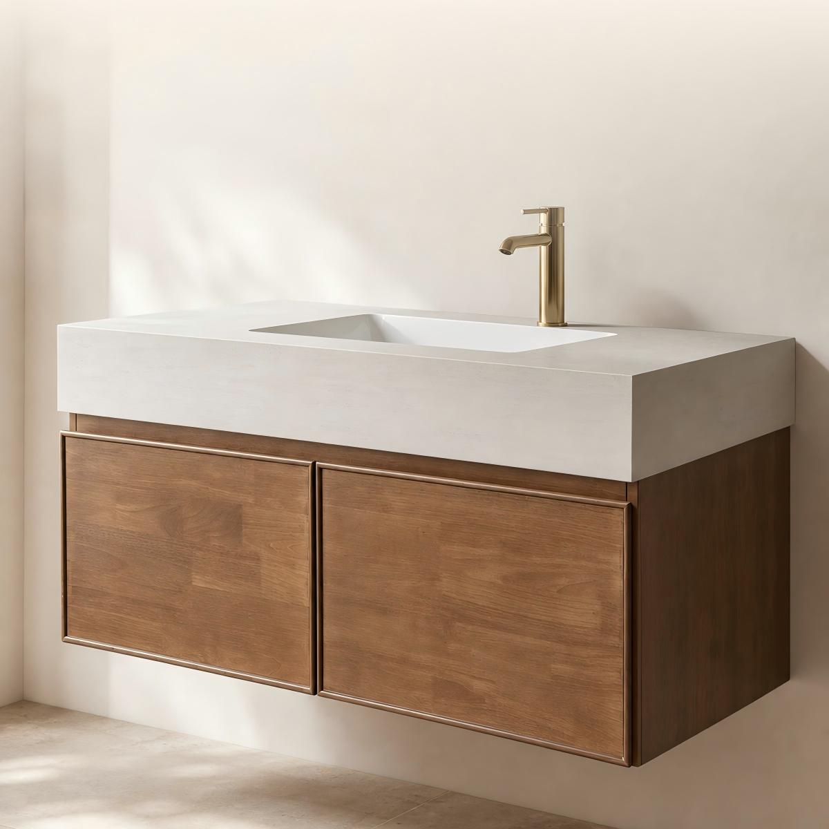 Light Walnut French Wood Grain Bathroom Vanity with Seamless Ceramic Basin for Modern Bathrooms