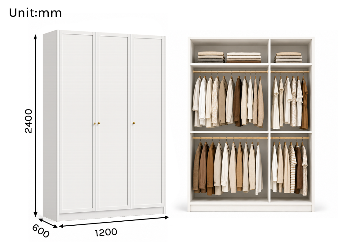 Linea Series - 1200mm Modern Framed Wardrobe - Extra-Tall Minimalist Three-Door Closet