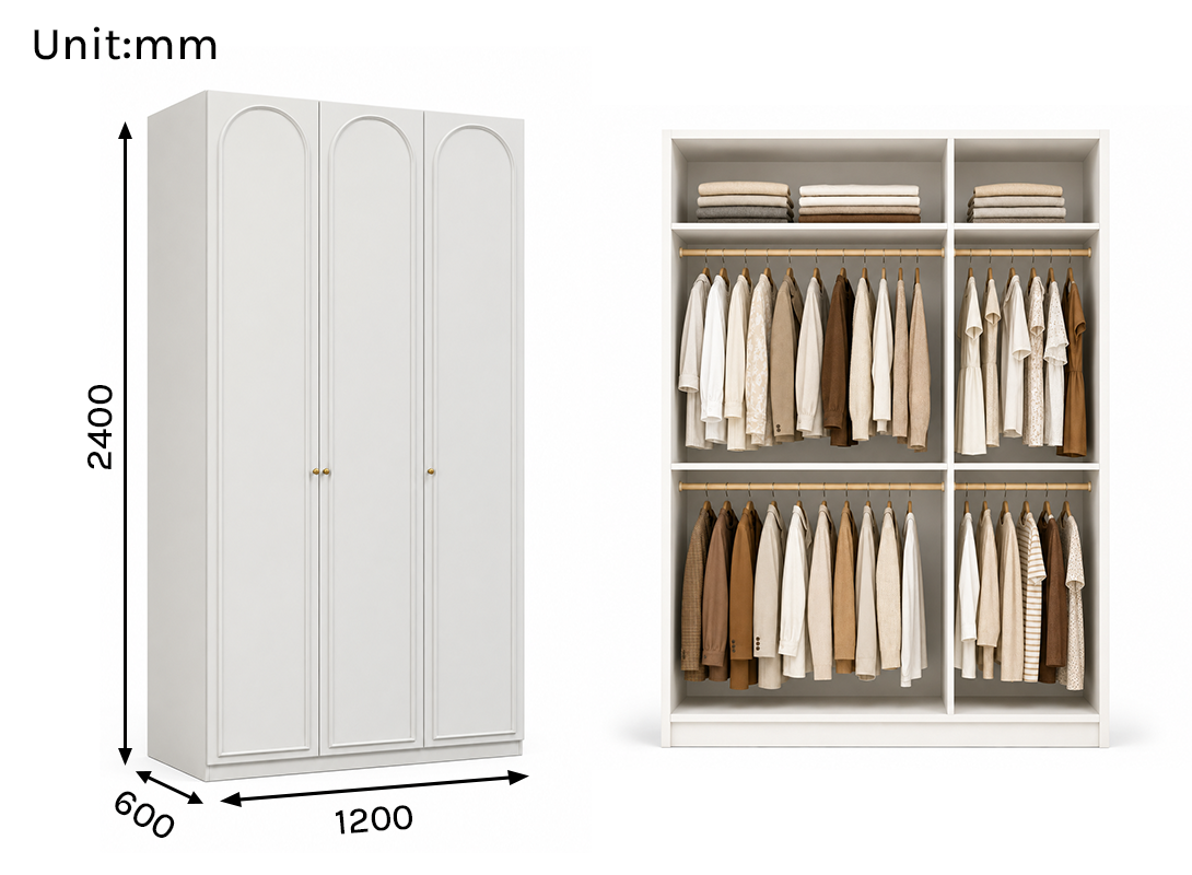 Arcadia Series - 1200mm Modern Arched Wardrobe - Extra-Tall Three-Door Closet