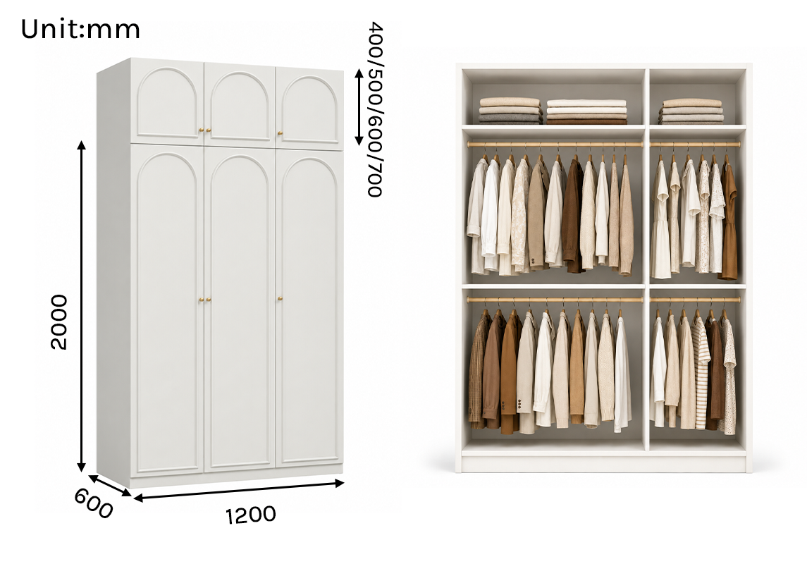 Alto Series - 1200mm Modular Arched Wardrobe - Three-Door Closet with Overhead Storage