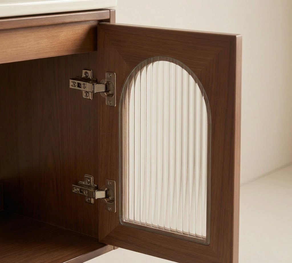 Mid-Century Modern Walnut Finish Floating Bathroom Vanity Cabinet