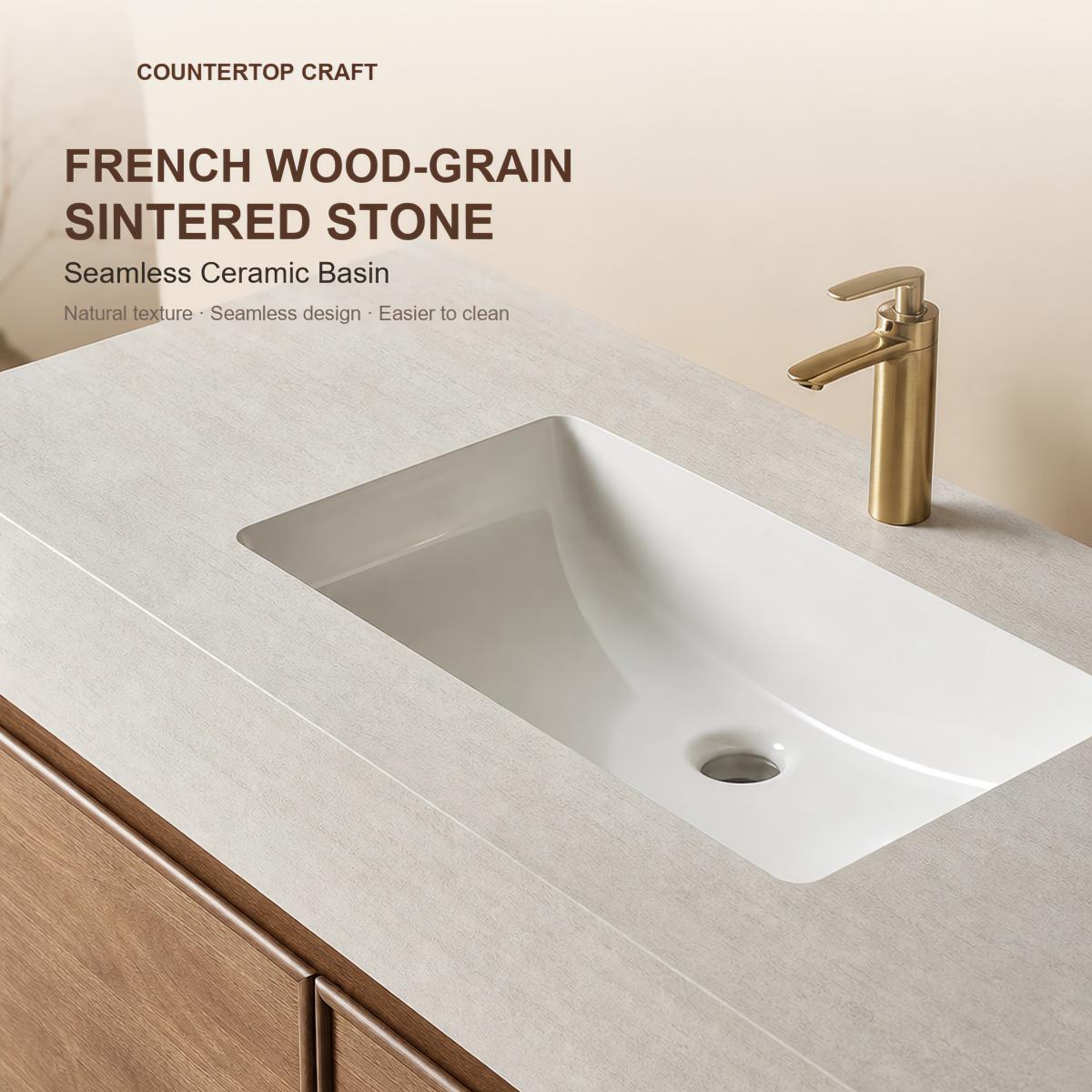 Light Walnut French Wood Grain Bathroom Vanity with Seamless Ceramic Basin for Modern Bathrooms