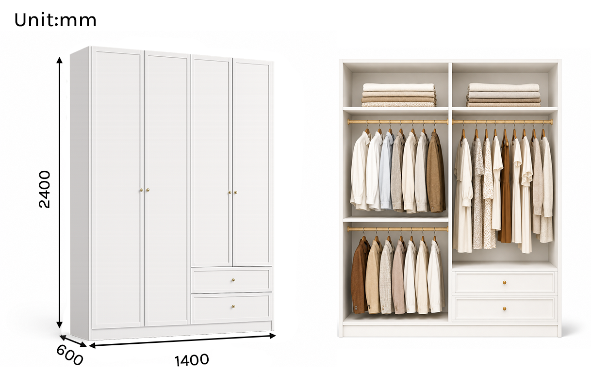 Linea Series - 1400mm Modular Framed Wardrobe - Extra-Tall Four-Door Closet with Drawers