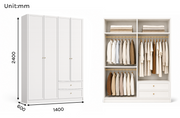 Linea Series - 1400mm Modular Framed Wardrobe - Extra-Tall Four-Door Closet with Drawers