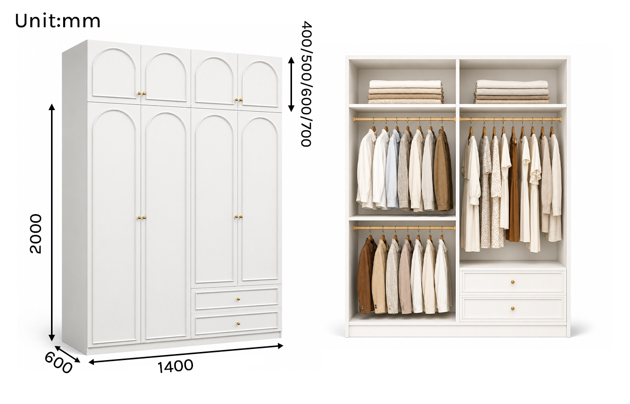 Alto Series - 1400mm Modular Arched Wardrobe - Four-Door Closet with Overhead Storage and Drawers