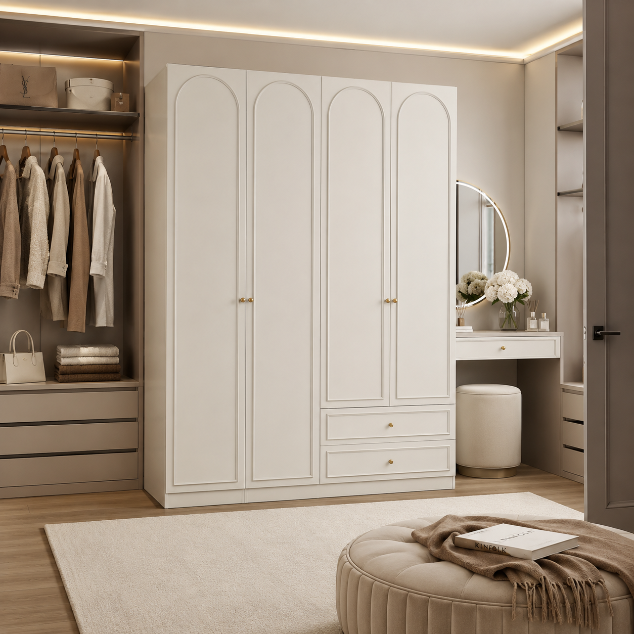 Arcadia Series - 1600mm Master Bedroom Arched Wardrobe - Extra-Tall Four-Door Closet with Drawers