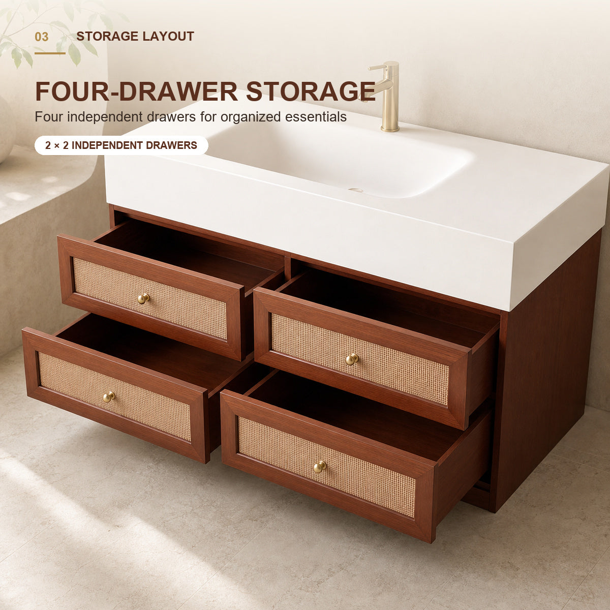 Mid-Century Four Drawer Bathroom Vanity with Seamless Basin | For Modern Bathrooms