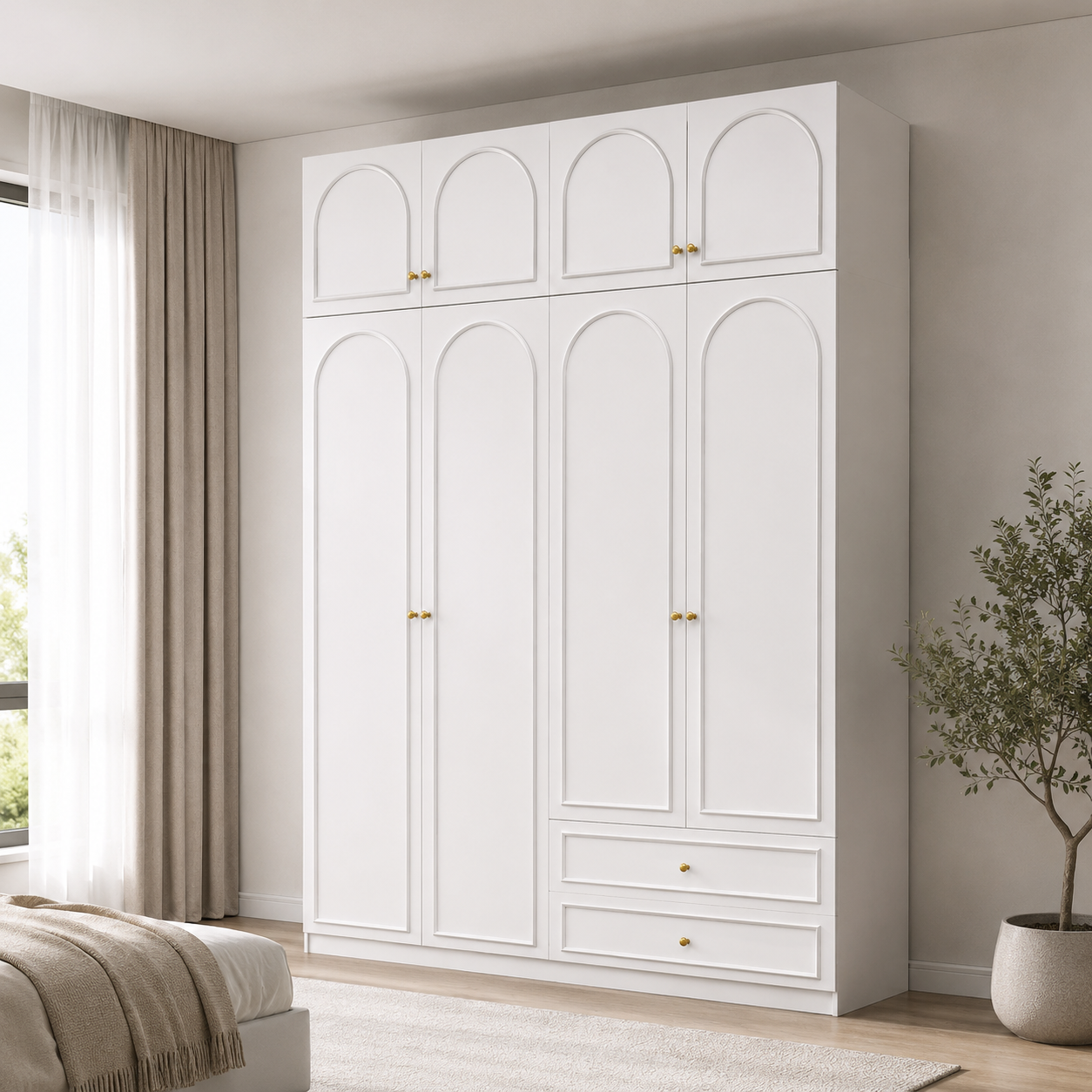 Alto Series - 1600mm Master Bedroom Arched Wardrobe - Four-Door Closet with Overhead Storage and Drawers