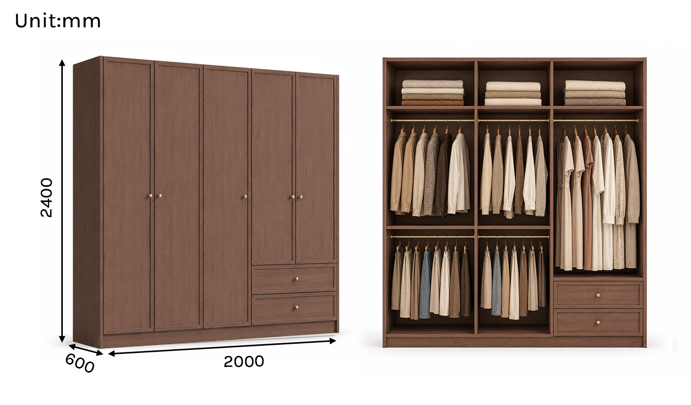 Linea Series - 2000mm Grand Framed Wardrobe - Extra-Tall Five-Door Closet with Drawers