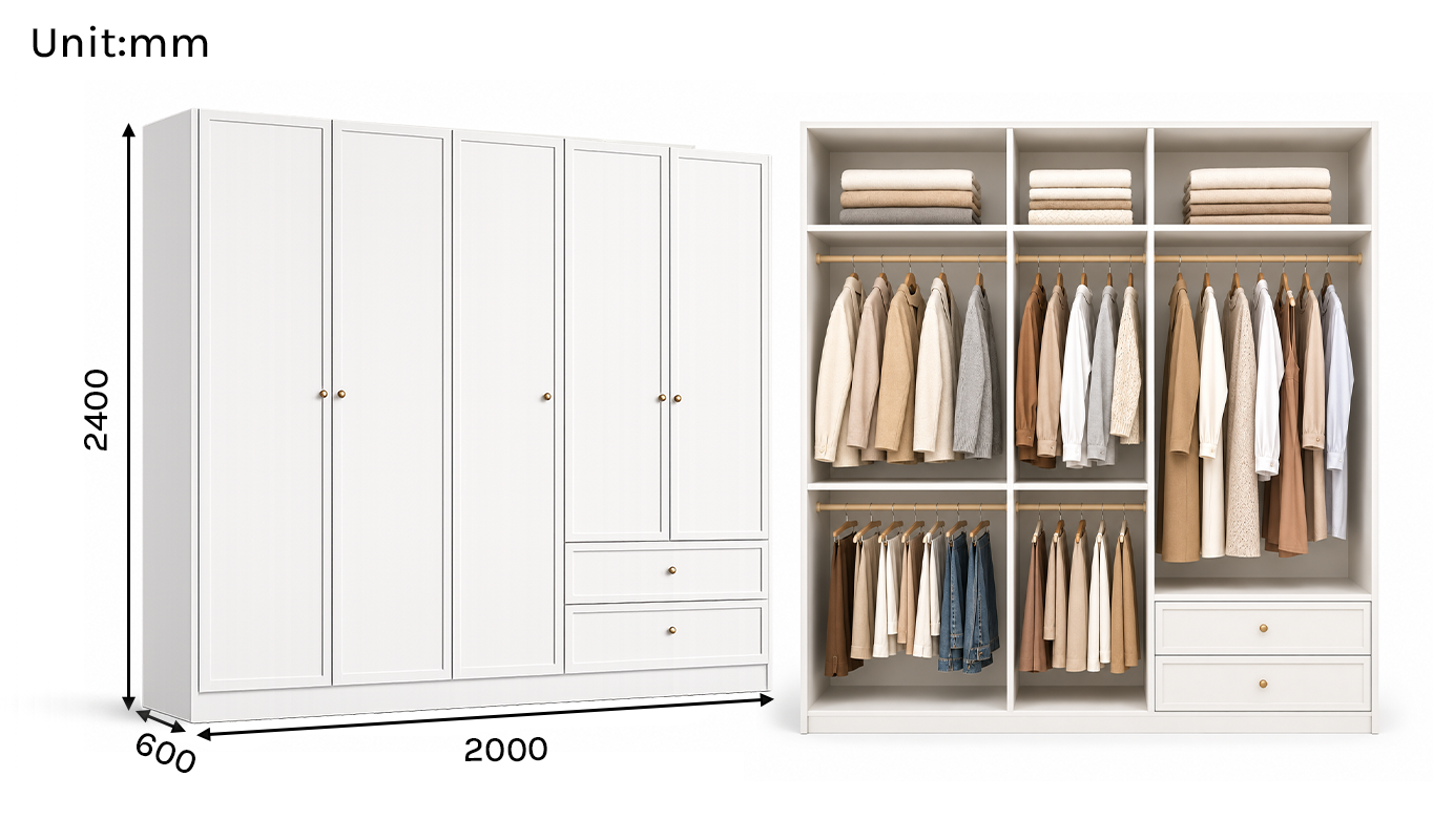 Linea Series - 2000mm Grand Framed Wardrobe - Extra-Tall Five-Door Closet with Drawers