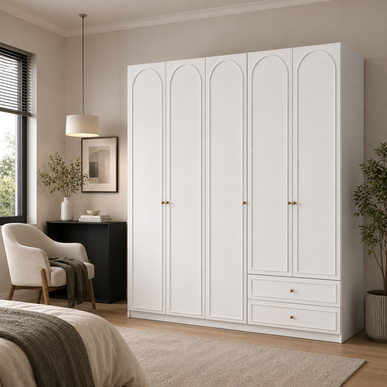 Arcadia Series - 2000mm Grand Arched Wardrobe - Extra-Tall Five-Door Closet with Drawers