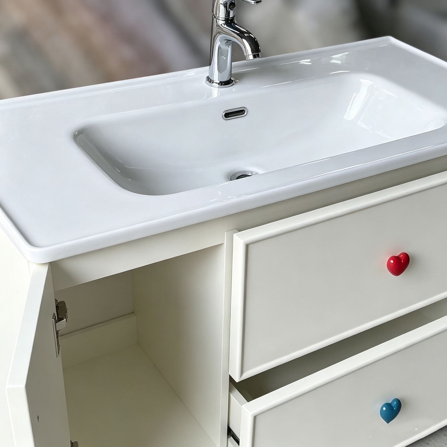 Modern Floating White Bathroom Vanity with Colourful Heart-Shaped Handles & Integrated Ceramic Basin for Bathrooms