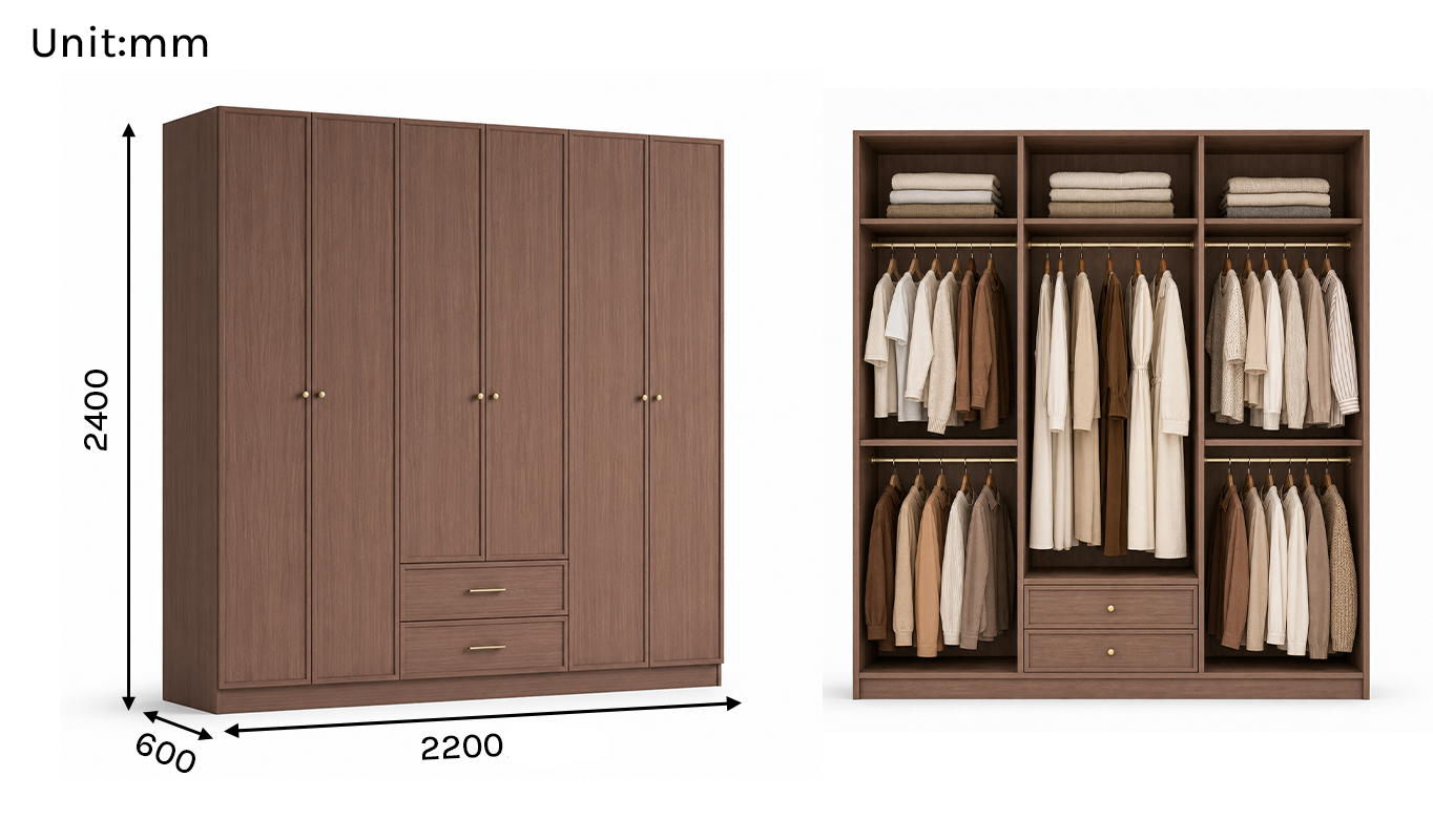 Linea Series - 2200mm Grand Framed Wardrobe - Extra-Tall Six-Door Closet with Drawers